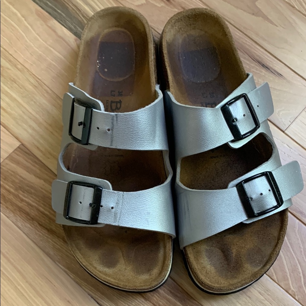 Betula sandals by Birkenstock Size 38, silver straps, black hardware, EUC